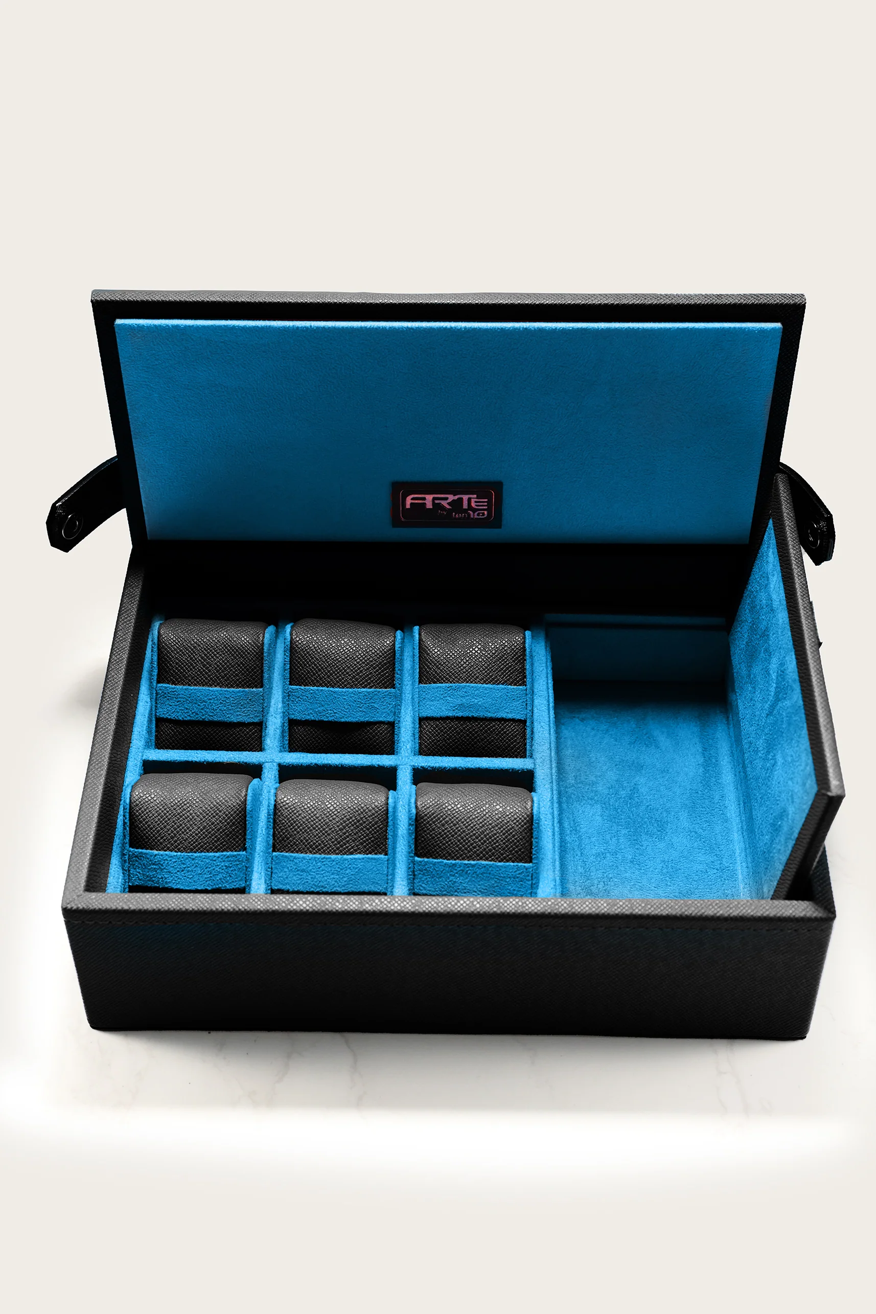Ten10 CasaModa Watch Box for 6 Watches (Black Exterior & Blue Interior) - Image 4