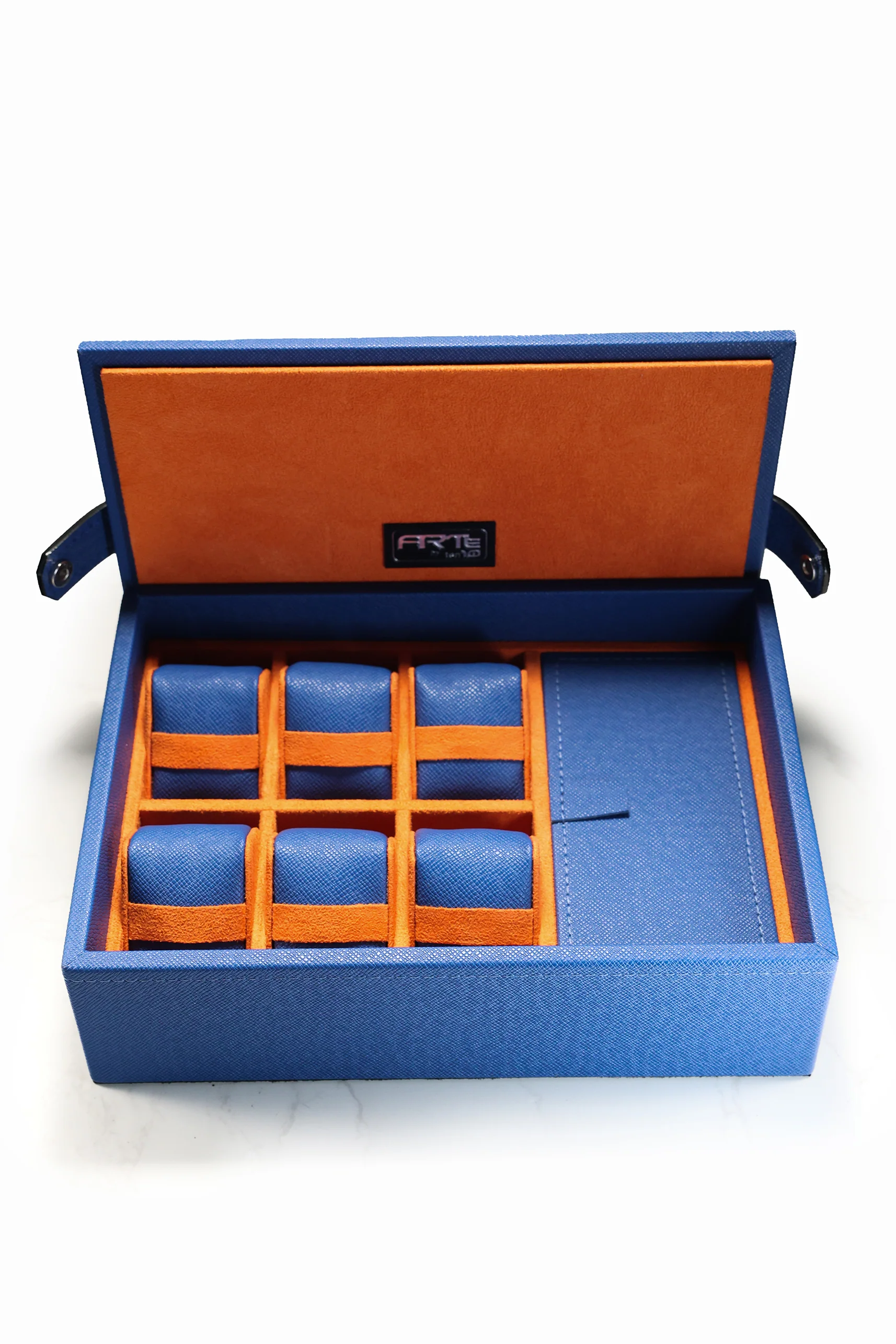 Ten10 CasaModa Watch Box for 6 Watches (Blue Exterior & Hermes Orange Interior) - Image 3