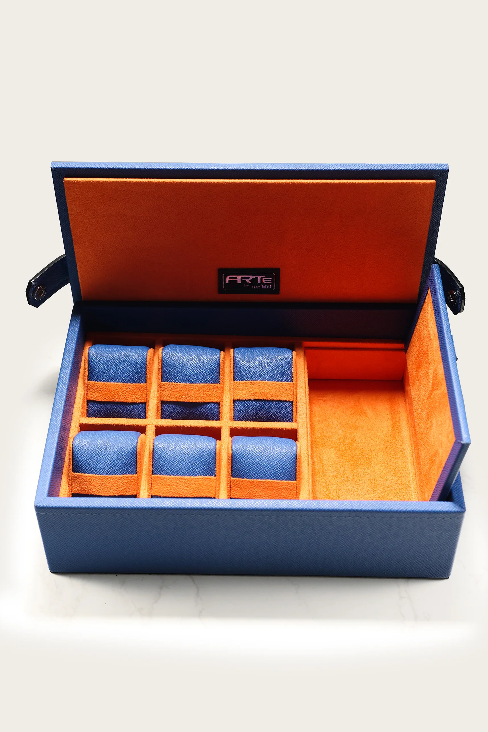 Ten10 CasaModa Watch Box for 6 Watches (Blue Exterior & Hermes Orange Interior) - Image 4